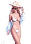  bare_shoulders bikini blonde_hair blue_eyes blue_nails breasts cleavage clothes_down collarbone cowboy_shot earrings eyeliner fingernails hair_down hand_on_headwear hand_up hat jewelry legs_together lips long_fingernails long_hair long_sleeves looking_away makeup medium_breasts mercy_(overwatch) midriff nail_polish navel nose off_shoulder open_clothes open_shirt overwatch parted_lips pink_lips shirt signature simple_background smile solo standing stomach strap_gap string_bikini stud_earrings sunglasses swimsuit umigraphics white_background white_bikini white_shirt 