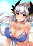  bare_shoulders beach bikini bow breasts brown_eyes cleavage cloud collarbone day fate/grand_order fate_(series) hair_bow hair_ribbon highres kiyohime_(fate/grand_order) kiyohime_(swimsuit_lancer)_(fate) large_breasts long_hair looking_at_viewer parabora_(nipplemokuba) parted_lips ponytail purple_hair ribbon solo swimsuit yellow_bow 