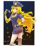  belt blonde_hair breasts cleavage commentary cuffs ember_celica_(rwby) eyewear_removed fingerless_gloves gloves grin handcuffs hat holding holding_eyewear iesupa long_hair medium_breasts necktie police police_hat police_uniform policewoman prosthesis prosthetic_arm purple_eyes rwby short_necktie shorts smile solo sunglasses uniform yang_xiao_long 