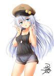  alternate_costume black_tank_top blue_eyes blue_shorts blush breasts brown_hat collarbone dog_tags eyebrows_visible_through_hair hat hibiki_(kantai_collection) jewelry kantai_collection long_hair looking_at_viewer necklace open_mouth short_shorts shorts signature silver_hair simple_background sleeveless small_breasts smiley_face solo tank_top v white_background yua_(checkmate) 