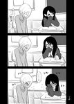  2girls age_difference blush book chair comic desk embarrassed full-face_blush greyscale hayashi_kotoyo head_rest heart highres looking_at_another looking_down mochi_au_lait monochrome multiple_girls open_book original page_number shared_speech_bubble sitting speech_bubble spoken_ellipsis spoken_heart translated yuri 