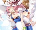  animal_ears bikini blue_bikini bow breasts cleavage ears_through_headwear fate/grand_order fate_(series) fox_ears fox_tail front-tie_bikini front-tie_top hat hat_bow innertube jewelry large_breasts long_hair looking_at_viewer mouth_hold necklace one_eye_closed pink_hair side-tie_bikini smile solo striped striped_bow sun_hat swimsuit tail tamamo_(fate)_(all) tamamo_no_mae_(fate) tamamo_no_mae_(swimsuit_lancer)_(fate) white_hat yellow_eyes yoshida_iyo 