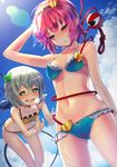  bikini blue_bikini blue_sky bow breasts bright_pupils cloud cloudy_sky commentary_request day drooling female_pervert green_bow green_eyes grey_hair hair_bow hairband heart highres komeiji_koishi komeiji_satori medium_breasts multiple_girls outdoors pervert pink_eyes pink_hair saliva short_hair siblings sisters sky standing sukocchi summer swimsuit third_eye touhou yellow_bikini yuri 