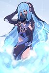  aqua_(fire_emblem_if) blue_hair dress fire_emblem fire_emblem_if headdress jewelry kokomi_(aniesuakkaman) lace long_hair looking_at_viewer necklace solo veil water yellow_eyes 