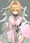  aestus_estus ahoge animal_print arm_strap bangs bare_shoulders belt between_legs blonde_hair breasts bridal_veil buckle bun_cover chain chain_necklace cleavage closed_mouth detached_collar detached_sleeves fate/extra fate_(series) flower flower_wreath full-length_zipper garter_belt gloves green_eyes grey_background hair_between_eyes hair_intakes hand_on_own_chest head_wreath highleg highleg_leotard hips holding holding_sword holding_weapon knee_up large_breasts leaf leg_strap leopard_print leotard light_smile lock looking_at_viewer nero_claudius_(bride)_(fate) nero_claudius_(fate)_(all) padlock partially_unzipped puffy_detached_sleeves puffy_sleeves ribbon sidelocks simple_background sitting sleeves_past_wrists slender_waist smile solo strapless strapless_leotard sword thighhighs thighs turtleneck veil waist_cape weapon white_belt white_flower white_gloves white_legwear white_leotard white_ribbon white_sleeves wide_hips wide_sleeves yuuki_(irodo_rhythm) zipper zipper_pull_tab 