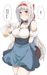  alcohol alternate_costume apron bad_id bad_pixiv_id beer beer_mug blue_apron blush breasts brown_eyes choker collarbone cup dirndl german_clothes headband highres holding holding_cup kantai_collection large_breasts long_hair shoukaku_(kantai_collection) simple_background solo speech_bubble suisen_toire_(moko924) translated white_background white_hair 