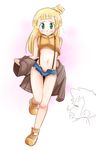  1girl blonde_hair cosplay crop_top crop_top_overhang cutoffs flat_chest green_eyes highres kasumi_(pokemon) kasumi_(pokemon)_(cosplay) lillie_(pokemon) long_hair midriff navel pokemon pokemon_(anime) pokemon_(classic_anime) pokemon_sm_(anime) ponytail robojanai satoshi_(pokemon) shiny shiny_skin short_shorts shorts thigh_gap 