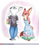  anthro barefoot blue_eyes bouquet canid canine claws clothing dipstick_ears disney dress duo ear_piercing fan_character female flower fox fur green_eyes hands_behind_back holding_object looking_away mammal painting_(artwork) pants patty_wilde pawpads piercing plant shirt simple_background the_gory_saint toe_claws traditional_media_(artwork) watercolor_(artwork) white_background white_fur zootopia 