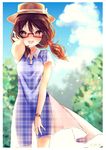  blue_dress bow brown_eyes brown_hair brown_hat day dress glasses hair_bobbles hair_ornament hat hat_bow looking_at_viewer low_twintails mokokiyo_(asaddr) outdoors plaid plaid_dress red-framed_eyewear see-through semi-rimless_eyewear smile solo standing summer sundress touhou twintails under-rim_eyewear unmoving_pattern usami_sumireko white_bow 