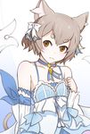  1boy :3 animal_ears arm_ribbon bangs bare_shoulders blue_bow blue_choker blue_dress blue_ribbon bob_cut bolo_tie bow bow_dress brown_eyes brown_hair cat_ears cat_tail choker clenched_hand closed_mouth collarbone commentary_request cross-laced_clothes detached_sleeves dot_nose dress dress_bow eyebrows_visible_through_hair felix_argyle frilled_dress frills front-tie_top hair_bow hair_ribbon hand_up head_tilt highres jewelry lace lace-trimmed_dress lace-trimmed_sleeves large_bow layered_dress light_smile looking_at_viewer male_focus otoko_no_ko parted_bangs pendant re:zero_kara_hajimeru_isekai_seikatsu ribbon short_eyebrows short_hair simple_background solo spaghetti_strap striped striped_ribbon tail thick_eyebrows upper_body vertical-striped_dress vertical_stripes white_background white_bow white_dress 