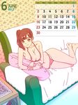  1girl areola_slip areolae bra breasts brown_eyes brown_hair calendar cleavage couch francine_(daijaemon) large_breasts light_smile looking_at_viewer loose_clothes lying navel on_side panties side_ponytail smile underwear underwear_only 