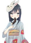  :o absurdres alternate_costume asashio_(kantai_collection) banana black_hair blue_eyes commentary eating food fox_mask fruit highres holding holding_food japanese_clothes kantai_collection kayuma kimono long_hair mask mask_on_head open_mouth solo white_background yukata 