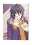  :t aoba_tsumugi artist_name bangs black-framed_eyewear blue_hair booota brown_eyes closed_mouth coat commentary_request eating ensemble_stars! eyebrows_visible_through_hair food food_on_face glasses hands_up holding holding_food looking_at_viewer male_focus open_clothes open_coat sandwich signature solo sweater upper_body wavy_hair 