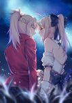  absurdres ahoge artoria_pendragon_(all) black_bow black_ribbon blonde_hair bow dress eyebrows_visible_through_hair fate/apocrypha fate/grand_order fate_(series) green_eyes hair_ribbon highres incest jacket mordred_(fate) mordred_(fate)_(all) mother_and_daughter multiple_girls night night_sky outdoors ponytail red_jacket ribbon saber_lily sitting sky sleeveless sleeveless_dress white_dress yorukun yuri 