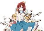  1girl absurdres aiqing bangs belt blue_eyes blue_skirt blush breasts brown_hair commentary_request eyebrows_visible_through_hair fingers_together flower go-toubun_no_hanayome hair_between_eyes headphones headphones_around_neck highres long_hair looking_at_viewer looking_to_the_side medium_breasts medium_hair nakano_miku red_flower shirt skirt solo standing white_belt white_flower white_shirt yellow_flower 
