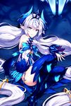  blue_background blue_bow blue_eyes blue_footwear boots bow detached_sleeves elsword highres horns long_hair luciela_r._sourcream noblesse_(elsword) painteen parted_lips skirt smile solo thigh_boots thighhighs twintails white_hair white_sleeves 