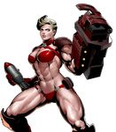 abs bikini blonde_hair blue_eyes bomb destrade_(metal_slug) feet_out_of_frame gloves holding holding_weapon mechanical_arm metal_slug metal_slug_attack muscle muscular_female navel official_art pose pouch red_bikini red_gloves short_hair single_glove solo swimsuit transparent_background weapon 
