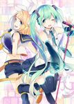  bangs black_legwear blonde_hair blouse blue_eyes blush booota bow commentary_request detached_sleeves eyebrows_visible_through_hair green_eyes green_hair hair_bow hair_ornament hairclip hatsune_miku headphones holding holding_microphone kagamine_rin leg_up long_hair looking_at_another microphone microphone_stand midriff multiple_girls one_eye_closed open_mouth sailor_collar short_hair short_shorts shorts sidelocks sleeveless_blouse smile thighhighs thighs twintails very_long_hair vocaloid white_bow 