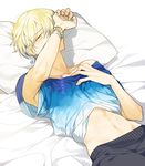  armpits artist_name bead_bracelet beads bed bed_sheet blonde_hair blush bracelet collarbone covering_face earrings eyebrows_visible_through_hair gradient_clothes hair_between_eyes hand_on_own_chest jewelry king_of_prism_by_prettyrhythm kisaragi_louis lying male_focus midriff navel off-shoulder_shirt on_back on_bed pants pillow pretty_rhythm shirt shirt_lift single_earring solo sukja sweatpants yellow_eyes 