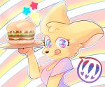  anthro big_ears black_nose blue_eyes breasts burger bust_portrait canid canine cheek_tuft clothed clothing female food fox fur handpaw head_tuft holding_object light_fur mammal multicolored_eyes orange_tongue paws pink_clothing pink_eyes portrait shirt smile solo speech_bubble squizxy t-shirt tongue tongue_out tuft yellow_fur 