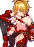  abs blonde_hair blush breasts commentary_request detached_sleeves fate/grand_order fate_(series) green_eyes highres knee_up looking_at_viewer mordred_(fate) mordred_(fate)_(all) muscle muscular_female navel nipples ponytail rama_(amaru) shirt_lift sitting small_breasts smile solo 