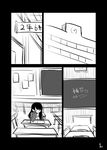  building classroom clock comic commentary_request frown greyscale hayashi_kotoyo highres holding holding_pencil long_hair long_sleeves mochi_au_lait monochrome original page_number partially_translated pencil school sketch sleeves_past_wrists solo translation_request writing 