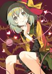  :p bare_legs between_legs black_hat bow commentary eyebrows_visible_through_hair frilled_shirt_collar frilled_sleeves frills green_eyes green_hair green_skirt hand_between_legs hand_on_own_chin hat hat_bow heart heart-shaped_pupils heart_of_string highres komeiji_koishi long_sleeves looking_at_viewer sh_(562835932) shirt sitting skirt smile solo symbol-shaped_pupils third_eye tongue tongue_out touhou wide_sleeves yellow_bow yellow_shirt 