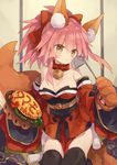  :3 animal_ears bangs bell bell_collar black_legwear blush breasts cleavage collar commentary_request detached_sleeves fate/grand_order fate_(series) food fox_ears fox_tail hair_between_eyes hair_ribbon holding holding_food indoors ketchup ladle large_breasts long_hair looking_at_viewer mizumizu_(phoenix) omurice paws pink_hair plate ribbon sitting sleeveless solo tail tamamo_(fate)_(all) tamamo_cat_(fate) thighhighs wariza wide_sleeves yellow_eyes 