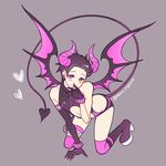  1boy arm_support asymmetrical_legwear bare_shoulders black_hair bracelet demon_boy demon_horns demon_tail earrings fingernails fishnets heart horns jewelry kneeling male_focus matsuno_todomatsu midriff naughty_face navel nightcat osomatsu-kun osomatsu-san pink_hair pink_legwear sharp_fingernails simple_background spiked_bracelet spikes tail thighhighs thighs tongue tongue_out twitter_username zipper 