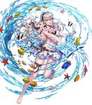  angelfish bangs bare_shoulders barefoot bikini_skirt book breasts butterflyfish cleavage clownfish female_my_unit_(fire_emblem_if) fire_emblem fire_emblem_heroes fire_emblem_if fish flower full_body hair_flower hair_ornament hairband highres holding holding_book lei long_hair medium_breasts midriff my_unit_(fire_emblem_if) navel official_art open_mouth pointy_ears red_eyes seashell senchat shell silver_hair smile solo starfish swimsuit thigh_strap transparent_background water 