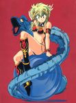  80s arm_up armlet armor bikini_armor boots bracelet green_hair hand_behind_head highres horns jewelry kahm long_hair looking_at_viewer manabe_jouji monster official_art oldschool outlanders red_background simple_background sitting smile solo sphere 