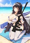  assault_rifle bangs beach bikini black_hair blue_bow blush bow breasts bullpup cleavage closed_mouth cloud collarbone commentary cooler day esg_(essagna) eyebrows_visible_through_hair flower girls_frontline gloves gun hair_flower hair_ornament hairband highres holding holding_gun holding_weapon large_breasts long_hair looking_at_viewer no_shoes outdoors parasol qbz-95 qbz-95_(girls_frontline) rifle side-tie_bikini sitting smile solo sunlight swimsuit thighhighs towel umbrella very_long_hair wariza water weapon white_bikini white_gloves white_hairband white_legwear yellow_eyes 