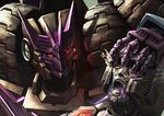  badge blood blood_from_mouth damaged decepticon energon eye_gouge glowing glowing_eyes insignia machinery mecha multiple_boys no_humans red_eyes science_fiction tarn transformers zhen_long 