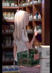  alternate_costume blonde_hair blue_eyes bottle box can cardboard_box casual flower fujibejifu hair_flower hair_ornament highres jar kantai_collection long_hair pillarboxed ro-500_(kantai_collection) shadow shelf shirt shop shopping shopping_basket short_sleeves smile solo standing tan white_shirt 