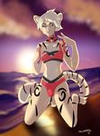  anthro beach bell clothed clothing collar digital_media_(artwork) fur girly kneeling lingerie looking_at_viewer mammal outside sea seaside sky smile solo sunset swimsuit thesolarwinds water 