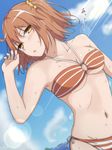  bare_shoulders blush breasts brown_hair cleavage collarbone eyebrows_visible_through_hair fate/grand_order fate_(series) fujimaru_ritsuka_(female) highres large_breasts looking_at_viewer navel parted_lips ramchi scrunchie short_hair short_ponytail side_ponytail signature solo sweat swimsuit upper_body yellow_eyes yellow_scrunchie 