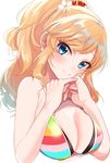  bangs bare_shoulders bikini_top blonde_hair blue_eyes breasts cleavage commentary eyebrows_visible_through_hair eyelashes flower hair_flower hair_ornament hands_clasped head_tilt highres idolmaster idolmaster_cinderella_girls interlocked_fingers large_breasts long_hair looking_at_viewer misumi_(macaroni) o-ring o-ring_top ootsuki_yui own_hands_together ponytail scrunchie sidelocks simple_background smile solo striped_bikini_top wavy_hair white_background 