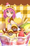  :p animal_ears bird blueberry blush brown_eyes cherry dress fake_animal_ears food food_on_face fox_hat fox_tail fruit full_body highres hood in_food kiwi_slice kiwifruit long_hair looking_at_viewer melon nipeira orange original oversized_object paw_shoes pudding purple_hair shoes smile solo strawberry tail tongue tongue_out yuzuwa-chan 