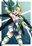  akatsuki_kirika arm_up armpits artist_name blonde_hair blush breasts commentary_request covered_navel dated dorumam elbow_gloves gloves green_eyes green_leotard holding holding_weapon leotard looking_at_viewer medium_breasts open_mouth round_teeth scythe senki_zesshou_symphogear shiny shiny_hair short_hair skin_tight skirt smile solo standing striped striped_legwear teeth thighhighs weapon 