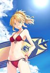  bikini blonde_hair bracelet breasts cloud cowboy_shot day fate/grand_order fate_(series) front-tie_top green_eyes grin jewelry long_hair looking_at_viewer mordred_(fate)_(all) mordred_(swimsuit_rider)_(fate) ponytail prydwen red_bikini shibamine_takashi side-tie_bikini sky small_breasts smile solo sun surfboard swimsuit 