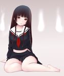  bangs barefoot black_hair black_serafuku blunt_bangs blush enma_ai full_body hime_cut jigoku_shoujo kozue_akari long_hair pleated_skirt red_eyes school_uniform serafuku skirt solo 