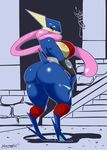  ! 2017 absurd_res amphibian anthro anthrofied armor armwear big_breasts big_butt blue_skin breasts butt clothed clothing countershading eyelashes female frog full-length_portrait fullmetalmentalist greninja hand_on_thigh hi_res long_tongue looking_at_viewer looking_back navel nintendo pok&eacute;mon pok&eacute;morph portrait rear_view seductive simple_background skimpy small_waist solo_focus tan_skin thick_thighs tight_clothing tongue tongue_out vambraces video_games 