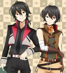  belt black_hair black_neckwear black_pants black_shirt brothers brown_gloves brown_vest checkered checkered_background closed_mouth cowboy_shot ensemble_stars! frown gloves looking_at_viewer male_focus masako_(sabotage-mode) multiple_boys necktie pants red_eyes sakuma_rei_(ensemble_stars!) sakuma_ritsu scarf shirt siblings smile vest 