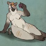  2016 3_toes anapnea andrewsarchus anthro arm_support arm_tuft barefoot belly_tuft black_fur black_hooves breasts brown_fur brown_nipples brown_stripes countershade_tail countershade_torso countershading crotch_tuft digital_drawing_(artwork) digital_media_(artwork) digitigrade eating eyes_closed facial_markings fangs female food front_view fruit fur gloves_(marking) grapes green_background grey_countershading grey_fur grey_nose hanging_breasts holding_food holding_object hooved_fingers humanoid_hands inner_ear_fluff leg_tuft lying mammal markings medium_breasts multicolored_fur naturally_censored nipples nude on_side open_mouth open_smile orange_fur overweight overweight_female paws pink_tongue pinup portrait pose reclining sabertooth_(feature) sharp_teeth short_tail simple_background smile socks_(marking) solo stripes teeth textured_background three-quarter_portrait toes tongue tuft watermark 