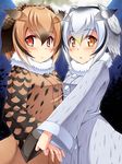  anni_minto brown_eyes brown_hair coat commentary_request eurasian_eagle_owl_(kemono_friends) full_moon fur_collar gradient_hair head_wings highres kemono_friends looking_at_viewer moon multicolored_hair multiple_girls northern_white-faced_owl_(kemono_friends) orange_eyes short_hair silver_hair winter_clothes winter_coat 