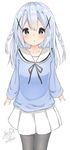  :o bangs black_legwear blue_eyes blue_shirt blush braid breasts collarbone commentary cowboy_shot dated foreshortening gochuumon_wa_usagi_desu_ka? hair_ornament hairclip highres kafuu_chino light_blue_hair long_hair long_sleeves looking_at_viewer na_na_six open_mouth pantyhose pleated_skirt sailor_collar school_uniform serafuku shirt short_eyebrows sidelocks signature simple_background skirt small_breasts solo standing twin_braids white_background white_sailor_collar white_skirt x_hair_ornament 