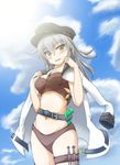  absurdres belt bikini blush breasts cloud day gangut_(kantai_collection) grey_hair hat highres jacket_on_shoulders kantai_collection large_breasts long_hair long_sleeves looking_at_viewer mei_(heavensstyle) military military_hat military_jacket orange_eyes outdoors red_swimsuit remodel_(kantai_collection) sky swimsuit torpedo water_gun 