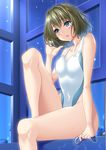  ame_isshiki blue_eyes breasts brown_hair competition_swimsuit covered_navel green_eyes heterochromia highres idolmaster idolmaster_cinderella_girls looking_down mole mole_under_eye one-piece_swimsuit parted_lips short_hair sitting small_breasts solo swim_cap_removed swimsuit takagaki_kaede white_swimsuit window 