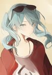  aqua_eyes aqua_hair bangs cardigan closed_mouth collarbone commentary_request earrings eyewear_on_head hatsune_miku jewelry long_hair looking_at_viewer lpip off_shoulder open_cardigan open_clothes solo suna_no_wakusei_(vocaloid) sunglasses twintails upper_body vocaloid wavy_hair 