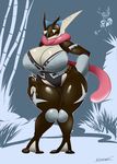  2017 absurd_res amphibian anthro anthrofied armwear big_breasts black_skin breasts cleavage clothed clothing countershading detached_sleeves eyelashes female frog front_view full-length_portrait fullmetalmentalist greninja hand_on_hip hand_on_thigh hi_res long_tongue looking_at_viewer navel nintendo non-mammal_breasts pok&eacute;mon pok&eacute;morph portrait pseudo_clothing seductive shiny_pok&eacute;mon simple_background skimpy slightly_chubby solo_focus tan_skin thick_thighs tight_clothing tongue tongue_out video_games 